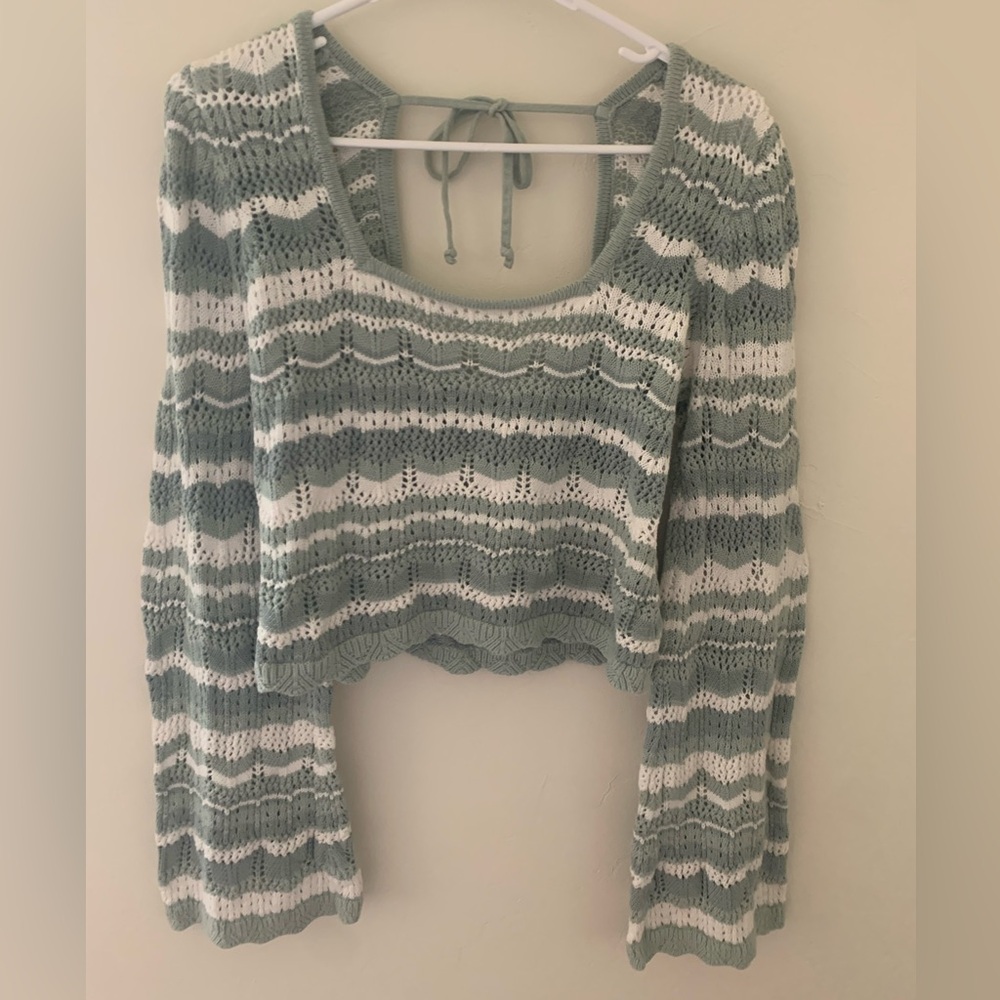 Hollister Square-Neck Crochet Style Boho Beach Sweater Sage Green Size XL